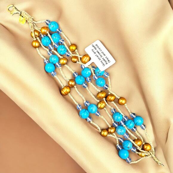 Multi Strand Bracelet Brown Fresh-Water Pearls & Turquoise Sterling Silver Clasp - Picture 3 of 8
